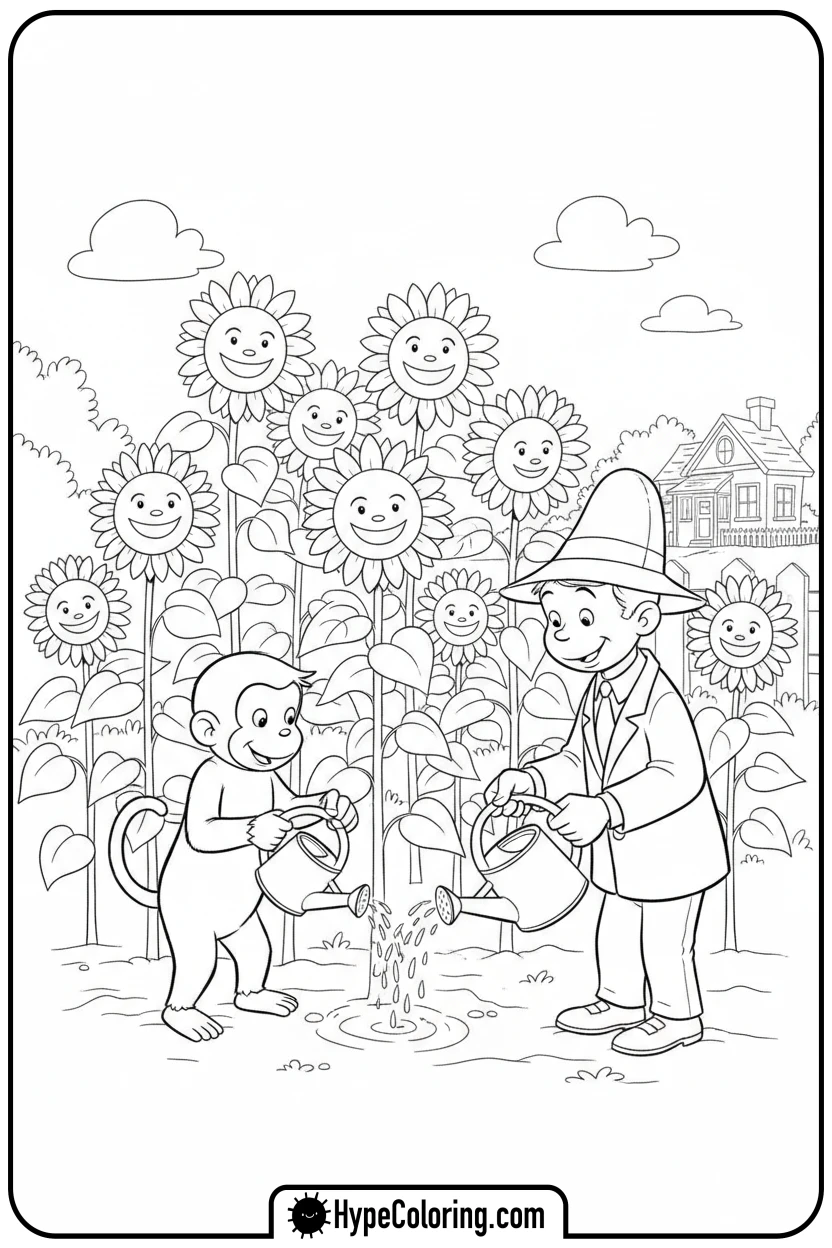 Click to download PDF george-watering-sunflowers - curious george coloring pages