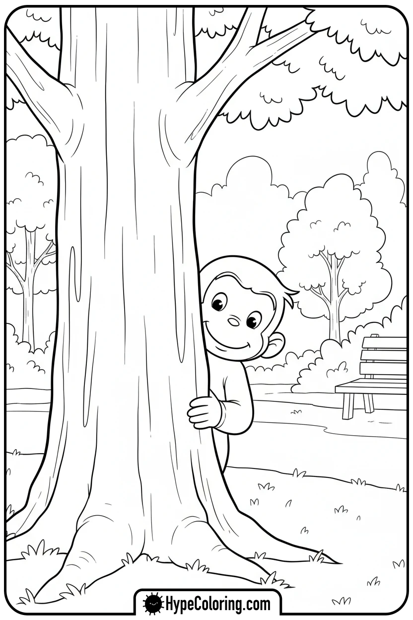 Click to download PDF george-hiding-behind-tree - curious george coloring pages