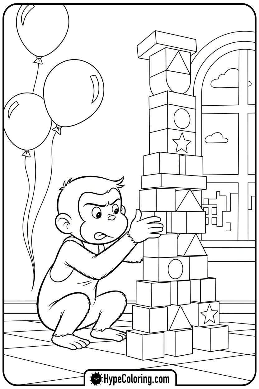 Click to download PDF george-building-block-tower - curious george coloring pages