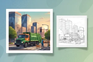 a-detailed-garbage-truck-navigating - garbage truck coloring page