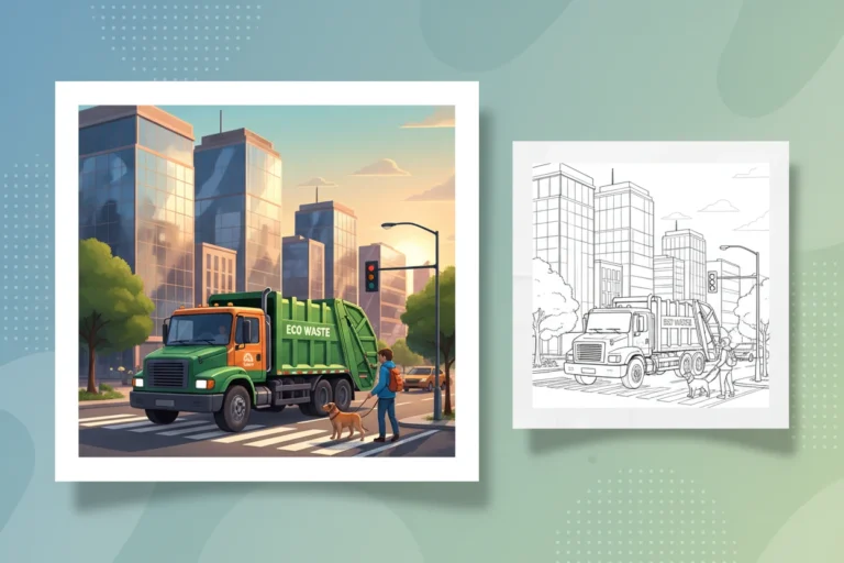 a-detailed-garbage-truck-navigating - garbage truck coloring page