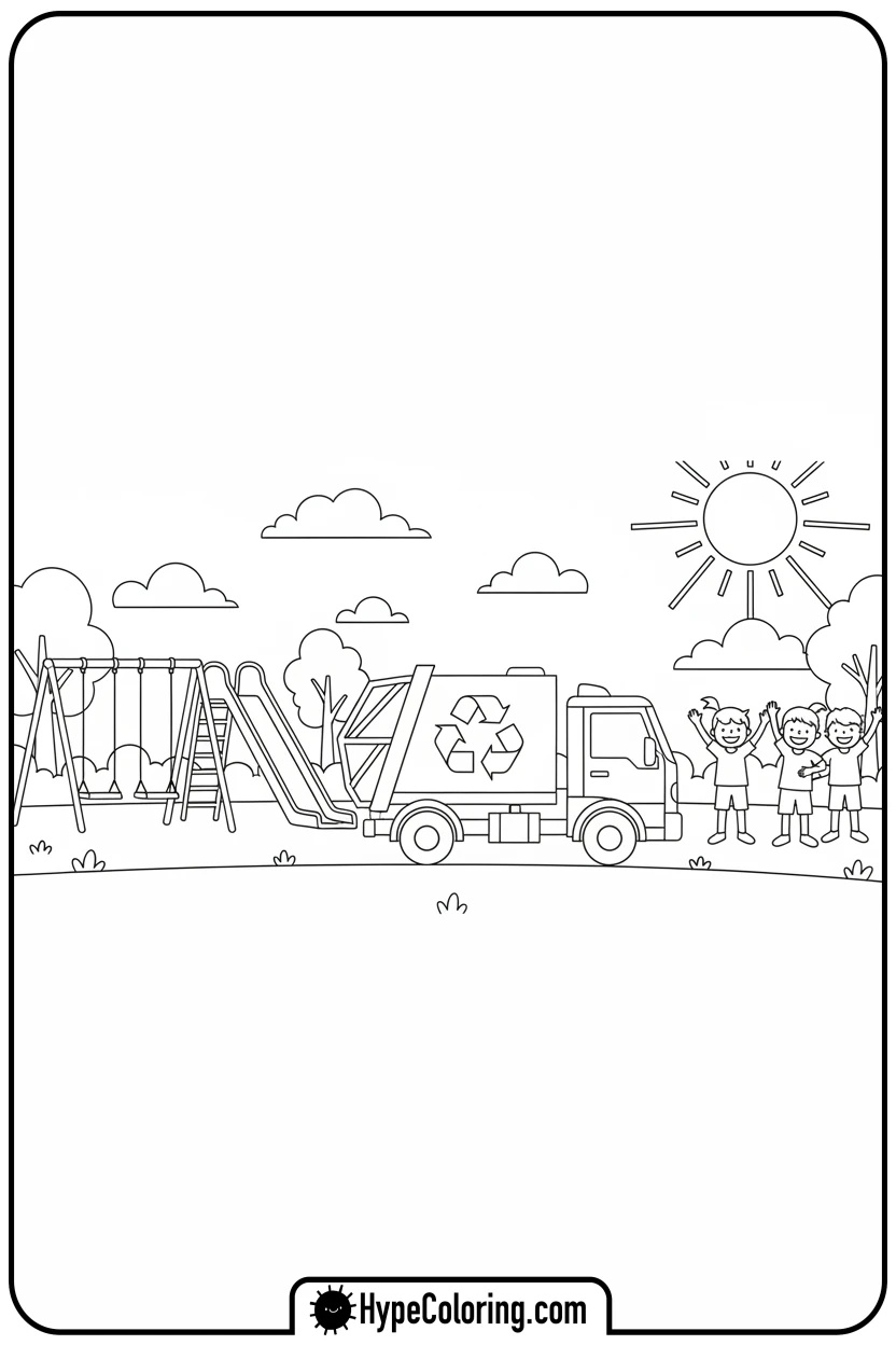 recycling-truck-in-park - garbage truck coloring page