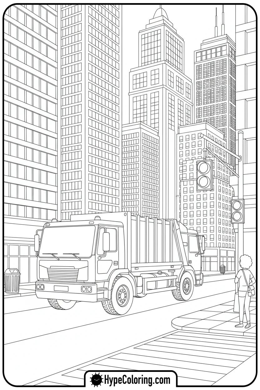 garbage-truck-in-city - garbage truck coloring page