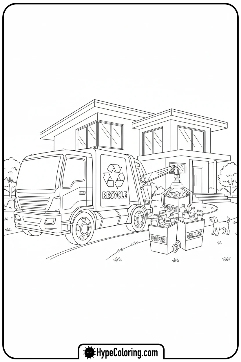 recycling-truck-collecting-bins - garbage truck coloring page