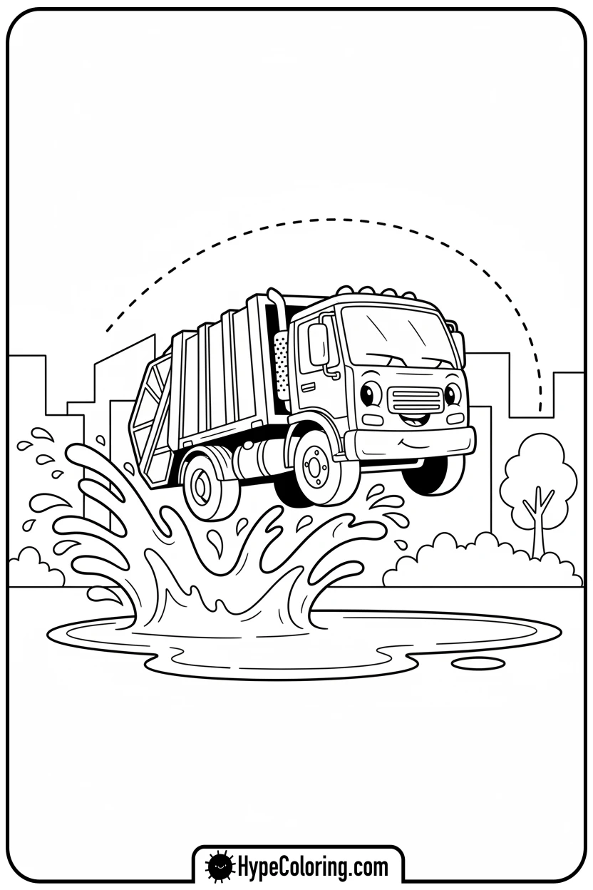 garbage-truck-jumping-puddle - garbage truck coloring page