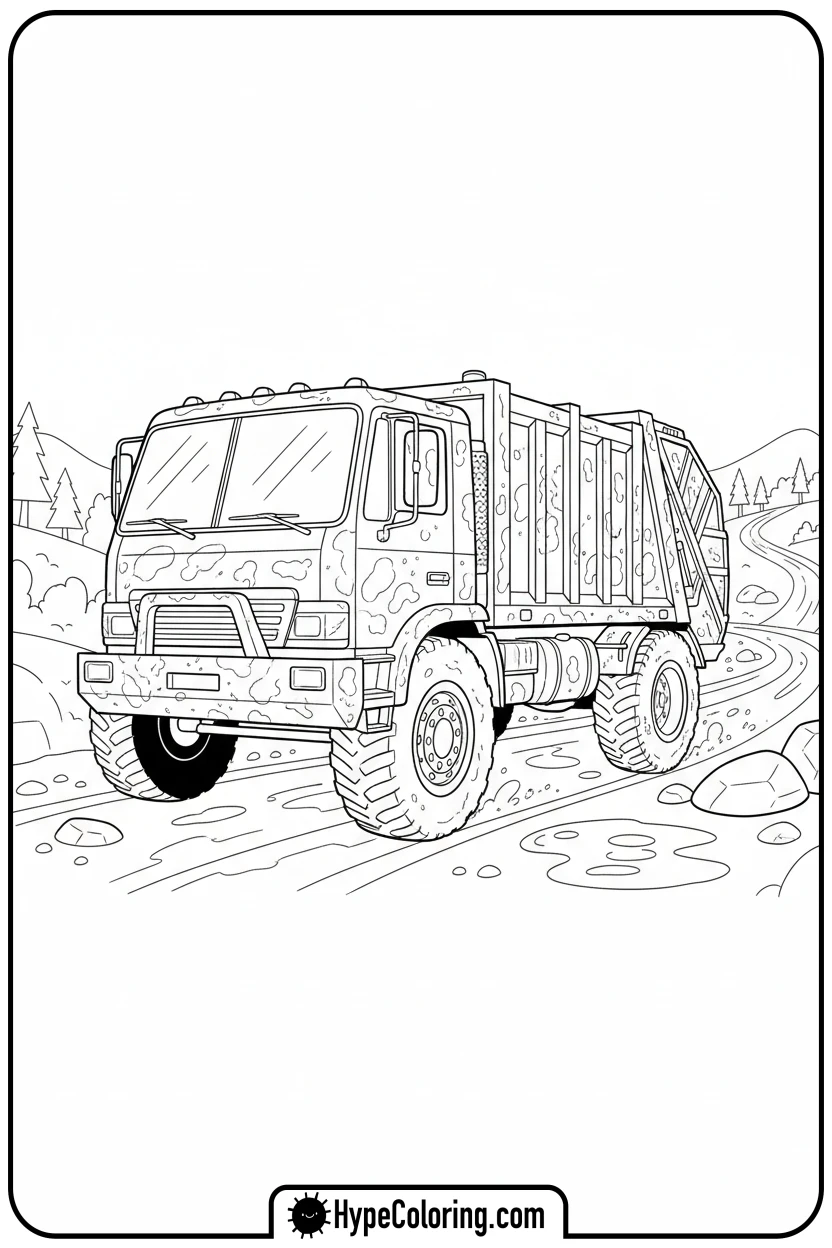 muddy-garbage-truck - garbage truck coloring page