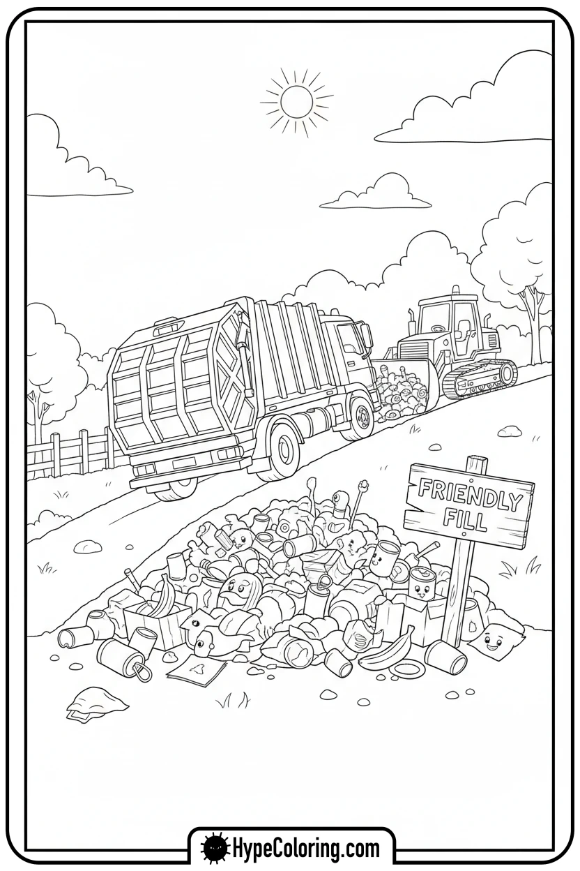 garbage-truck-at-landfill - garbage truck coloring page