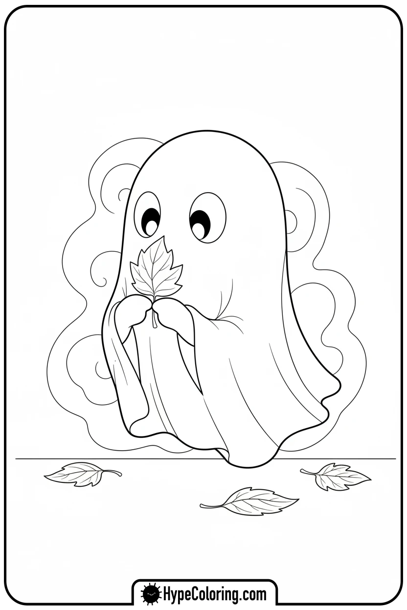 ghost-holding-an-autumn-leaf - ghost coloring pages