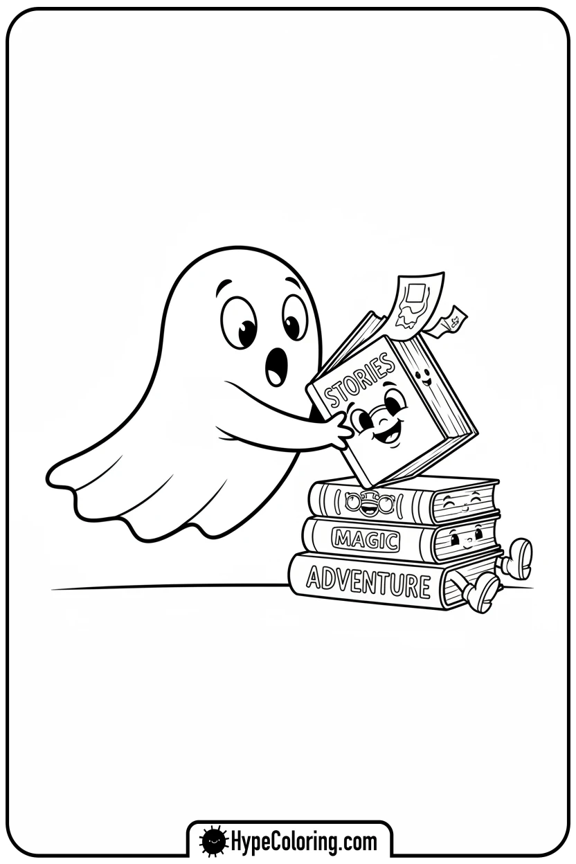 ghost-tipping-over-books - ghost coloring pages