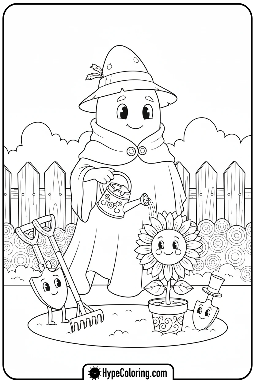 ghost-watering-a-sunflower - ghost coloring pages