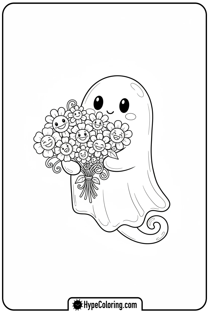 ghost-holding-flower-bouquet - ghost coloring pages