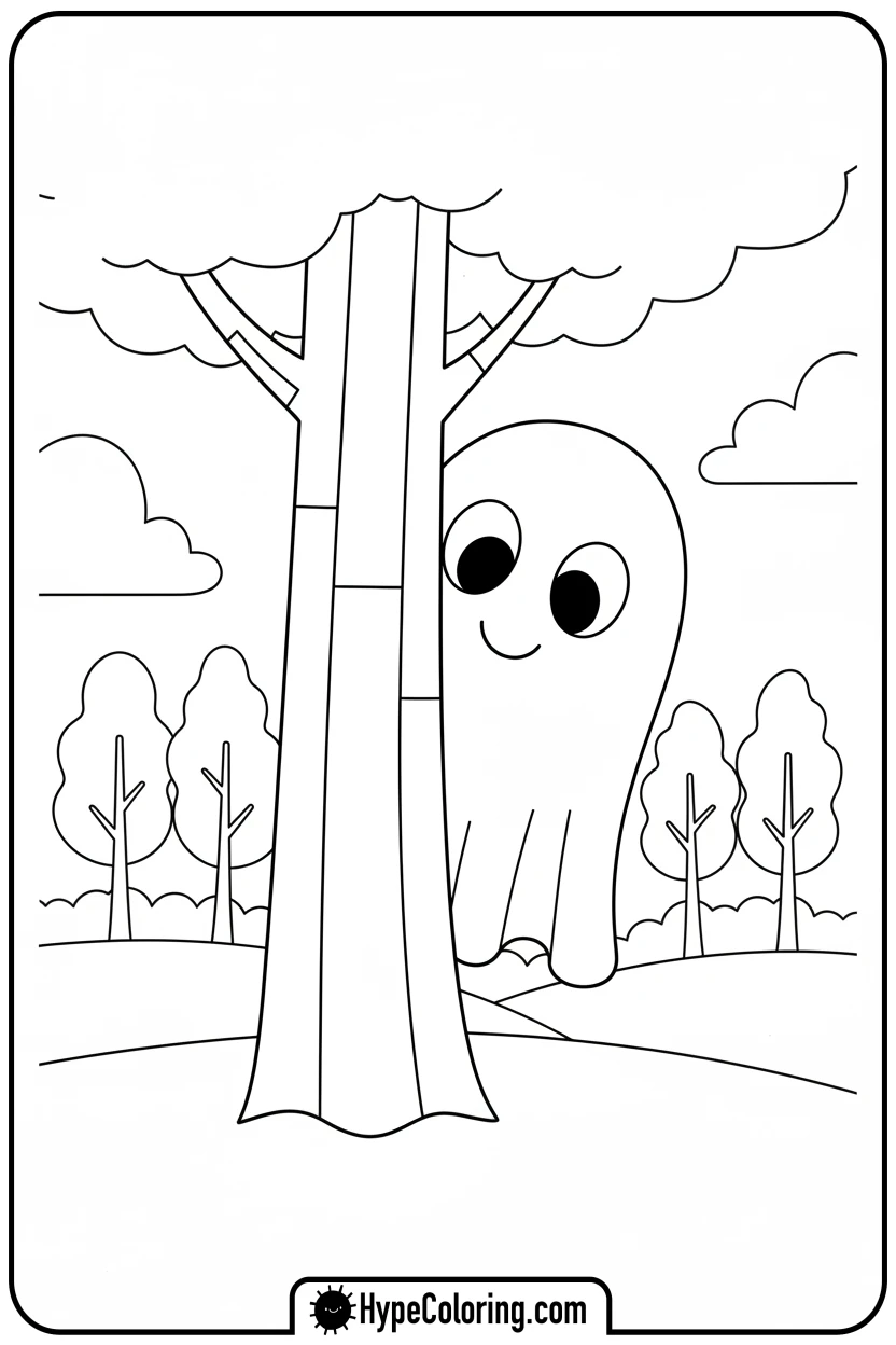 ghost-hiding-behind-tree - ghost coloring pages