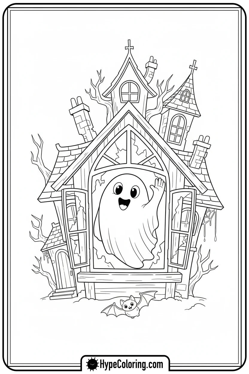 ghost-waving-from-window - ghost coloring pages