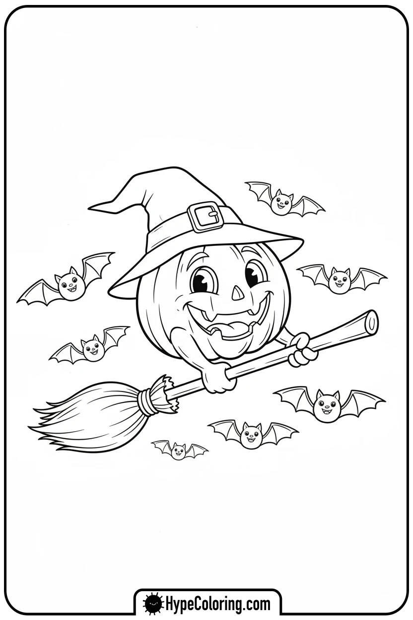 smiling-pumpkin-flying-with-bats - october coloring pages