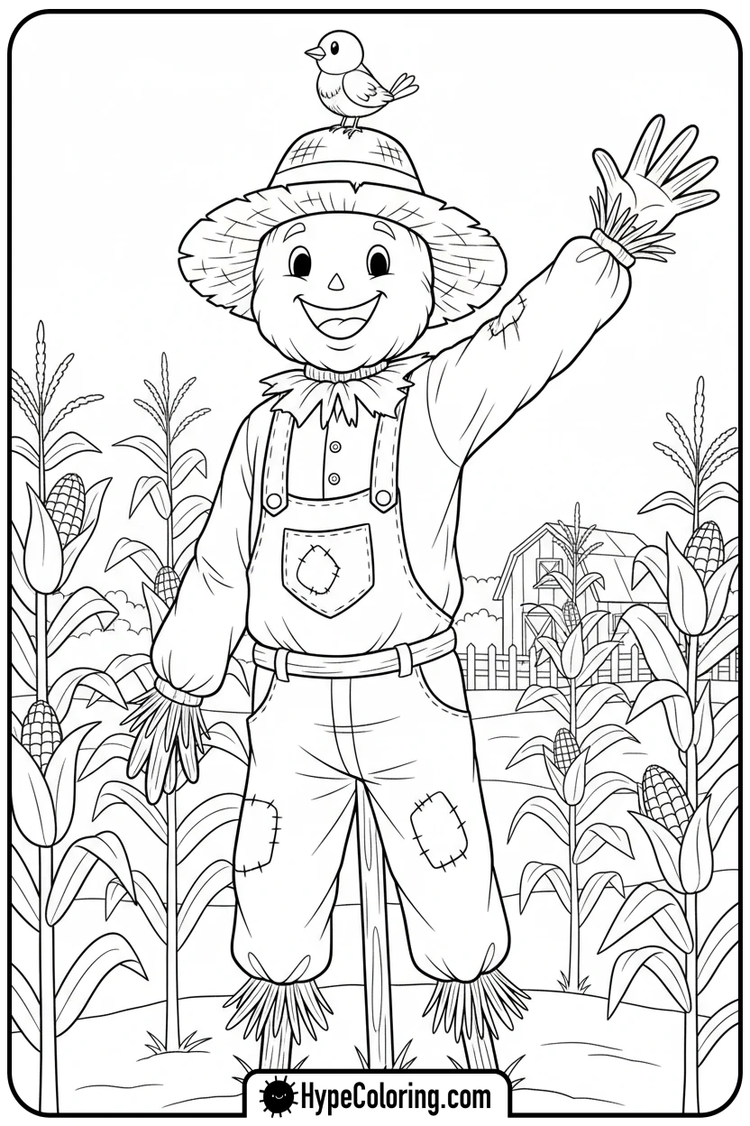 scarecrow-waving-in-cornfield - october coloring pages