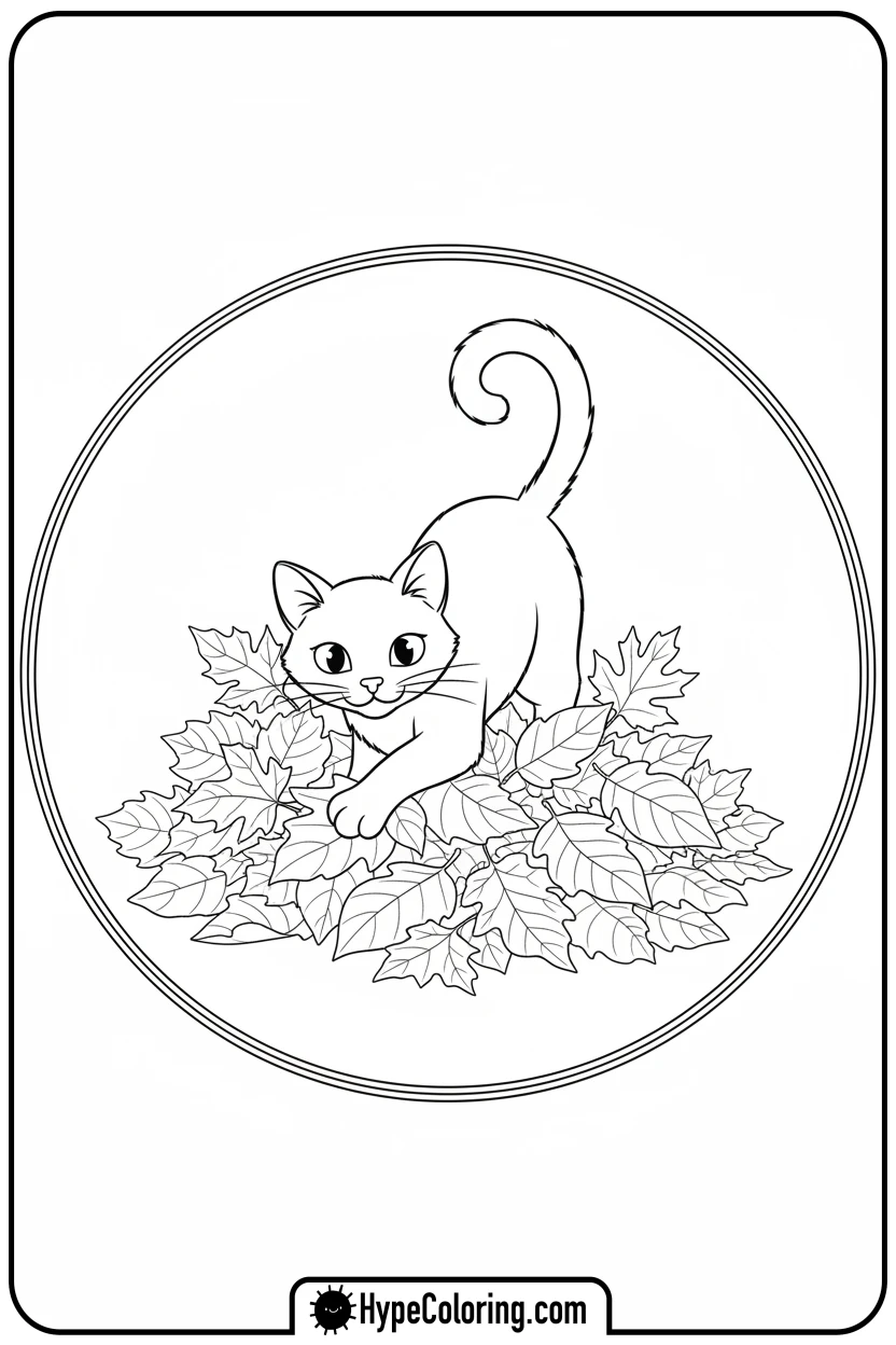 cute-black-cat-in-leaf-pile - october coloring pages