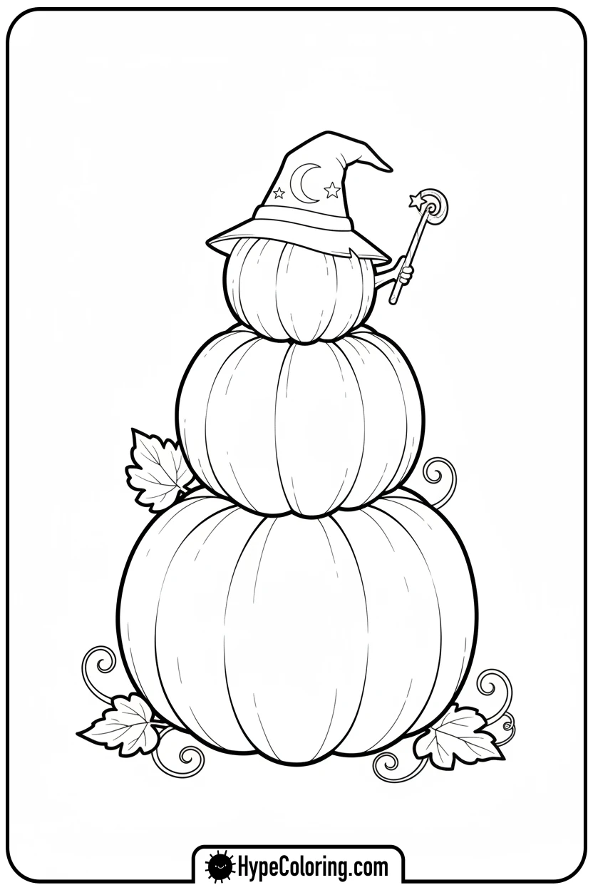 stacked-pumpkins-with-wizard-hat - october coloring pages