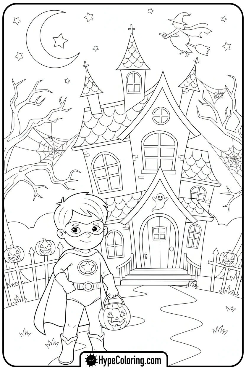 child-trick-or-treating-at-haunted-house - october coloring pages