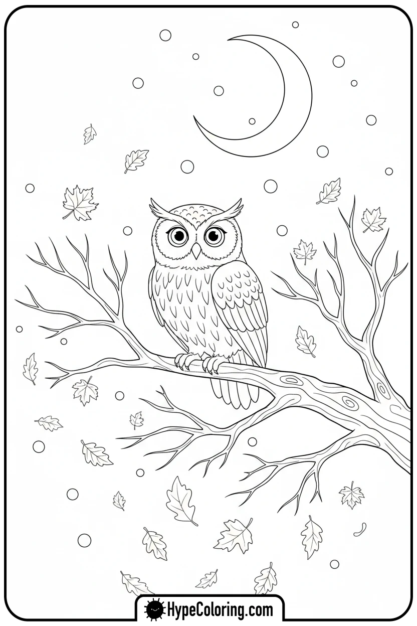 owl-on-autumn-branch-with-moon - october coloring pages