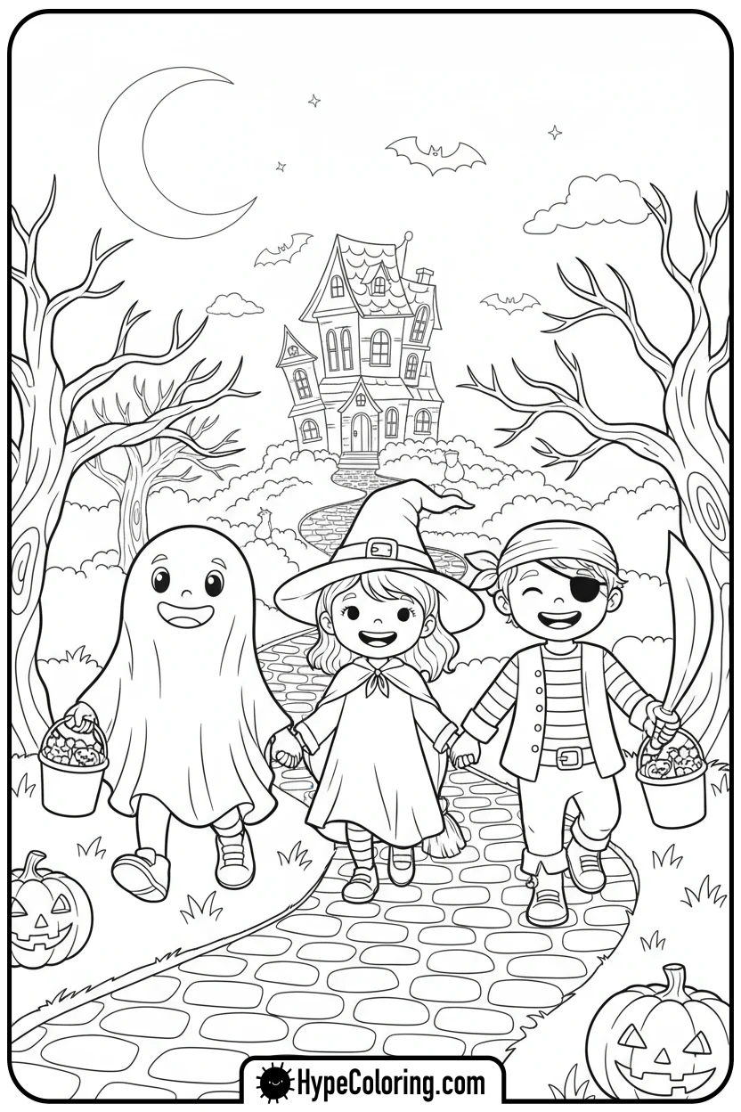 children-in-costumes-walking - october coloring pages