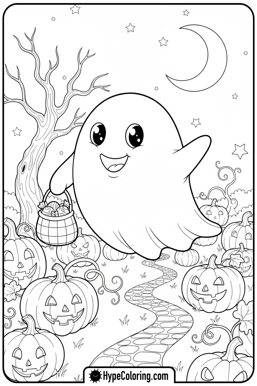 friendly-ghost-in-pumpkin-patch - october coloring pages