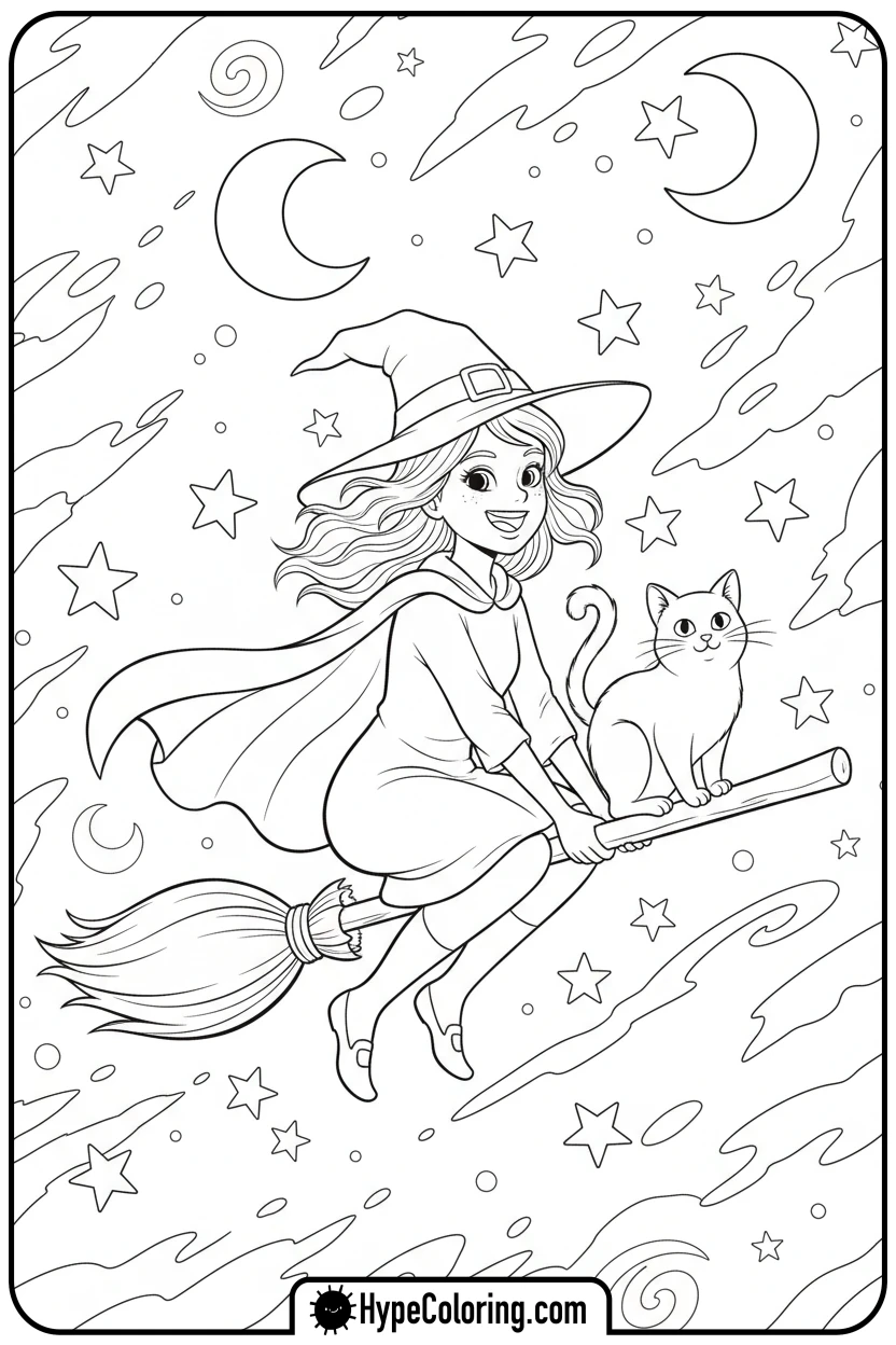 cute-witch-and-cat-flying - october coloring pages