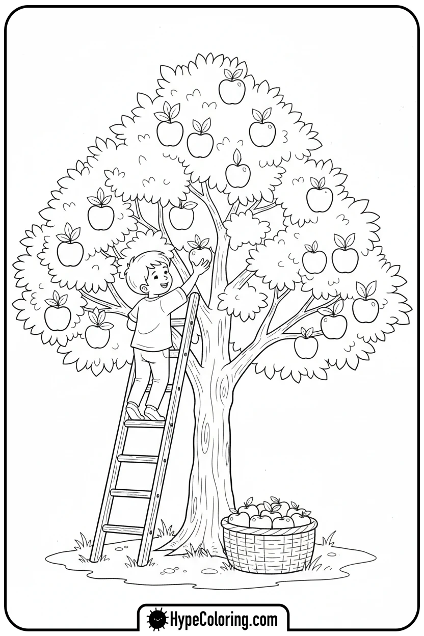 child-picking-apples-from-tree - october coloring pages