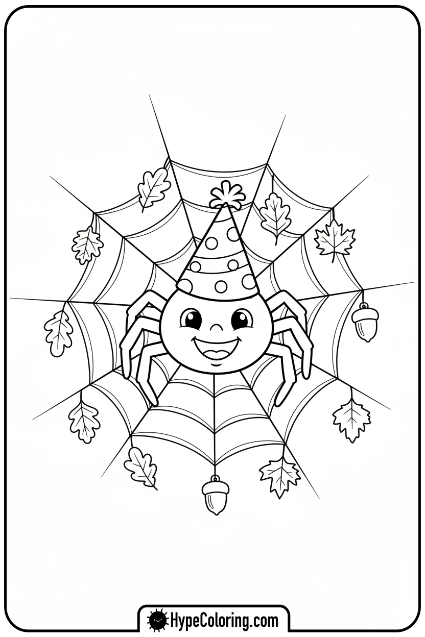 happy-spider-on-leaf-decorated-web - october coloring pages