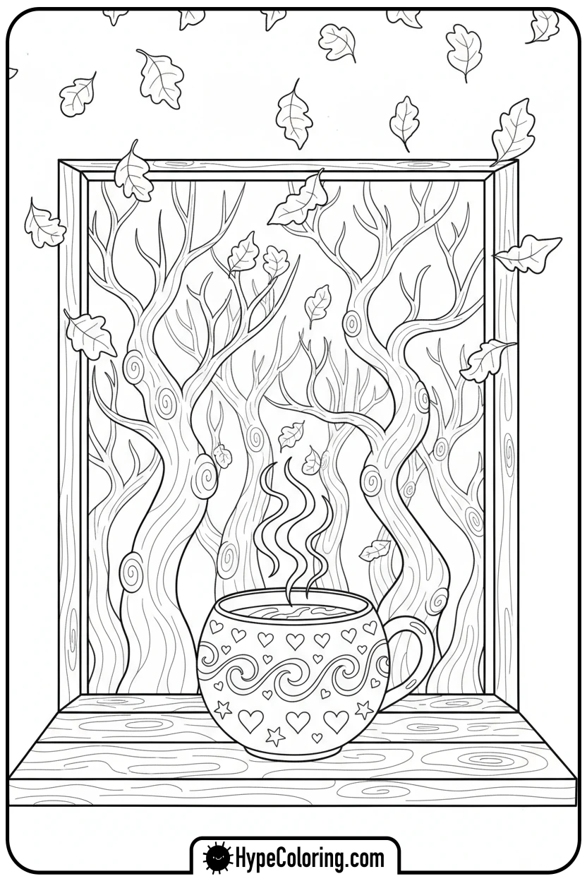 hot-chocolate-by-autumn-window - october coloring pages