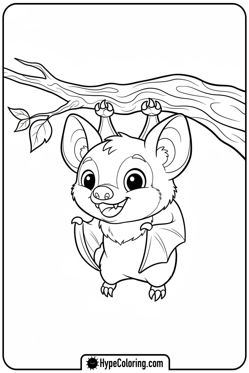 friendly-bat-hanging-from-branch - october coloring pages