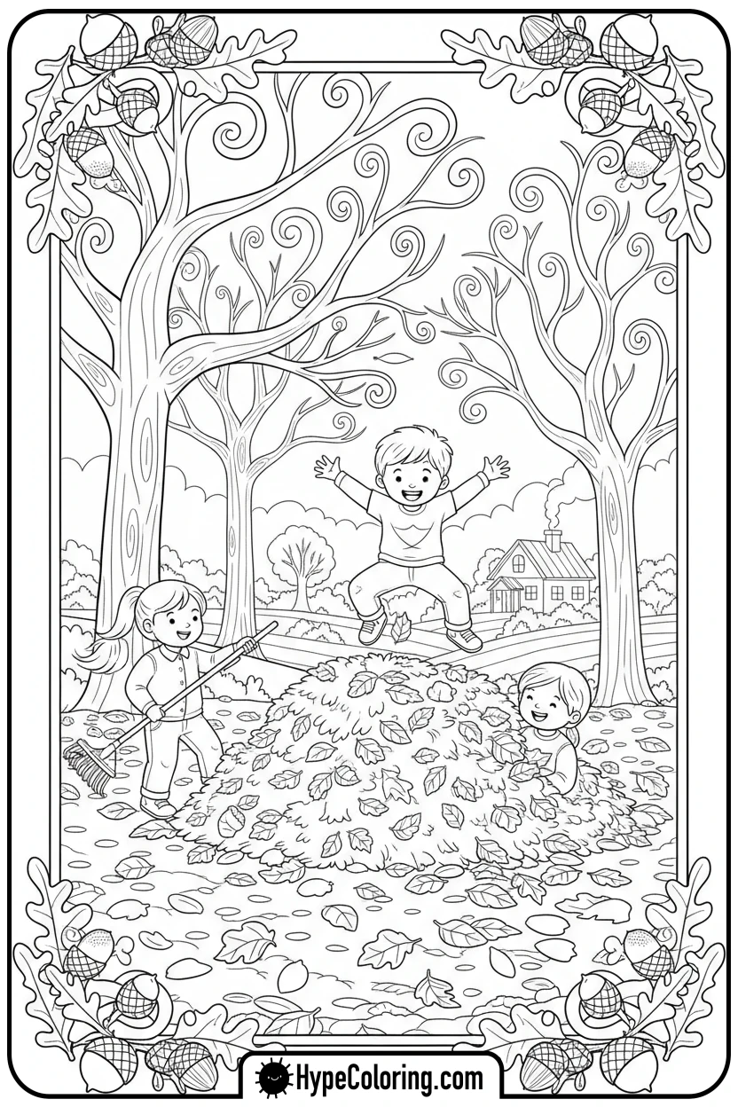 children-raking-and-jumping-in-leaves - october coloring pages