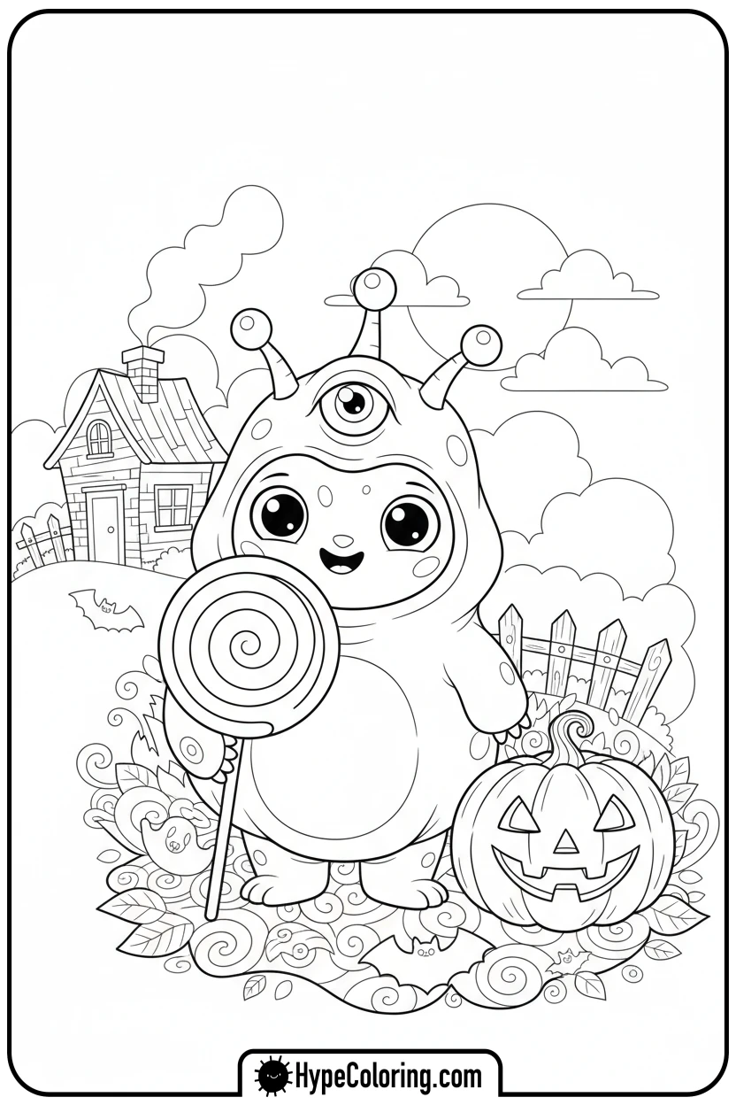 cute-monster-with-lollipop-and-jack-o-lantern - october coloring pages