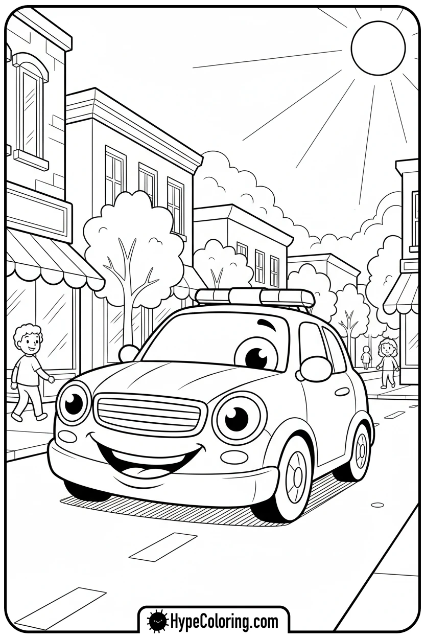 Click to download PDF police-car-patrolling-street - police car coloring page