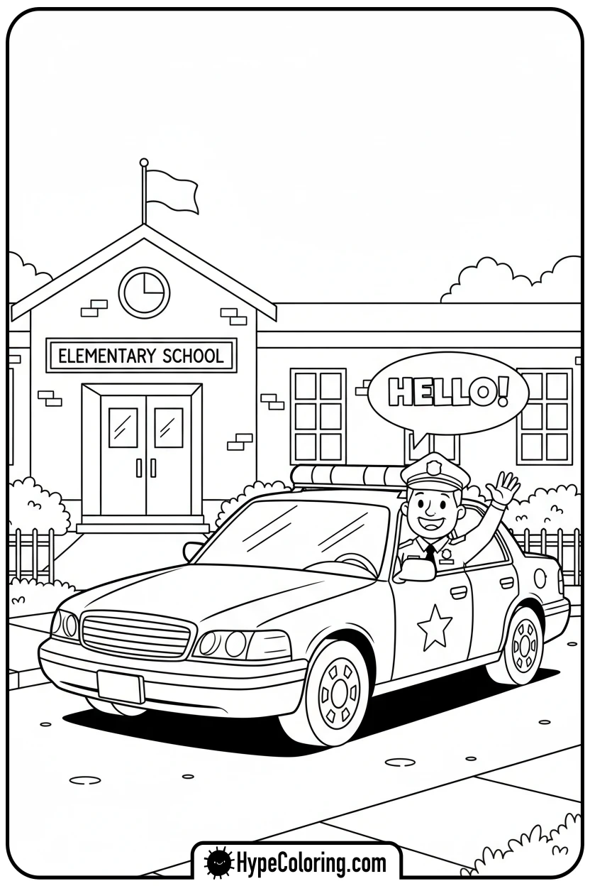 Click to download PDF police-car-with-officer-waving - police car coloring page