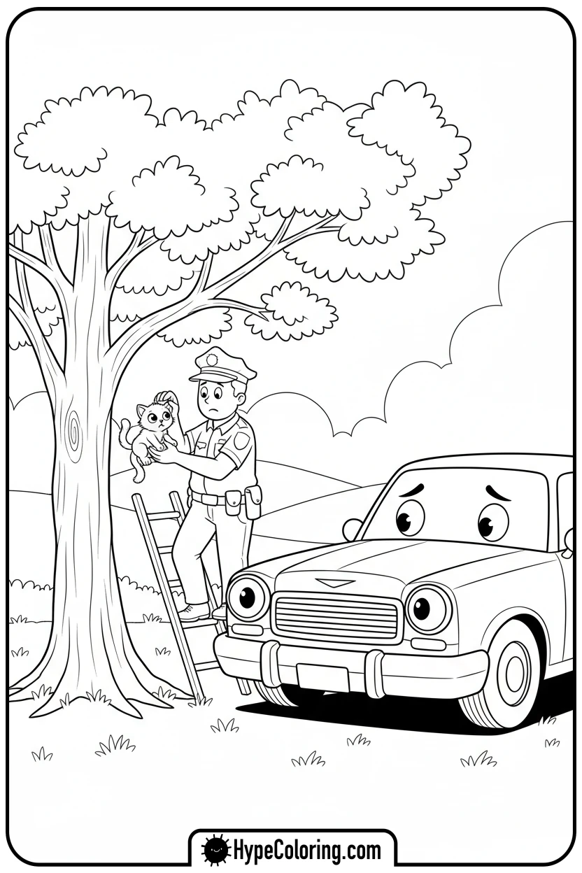 Click to download PDF police-car-helping-a-kitten - police car coloring page