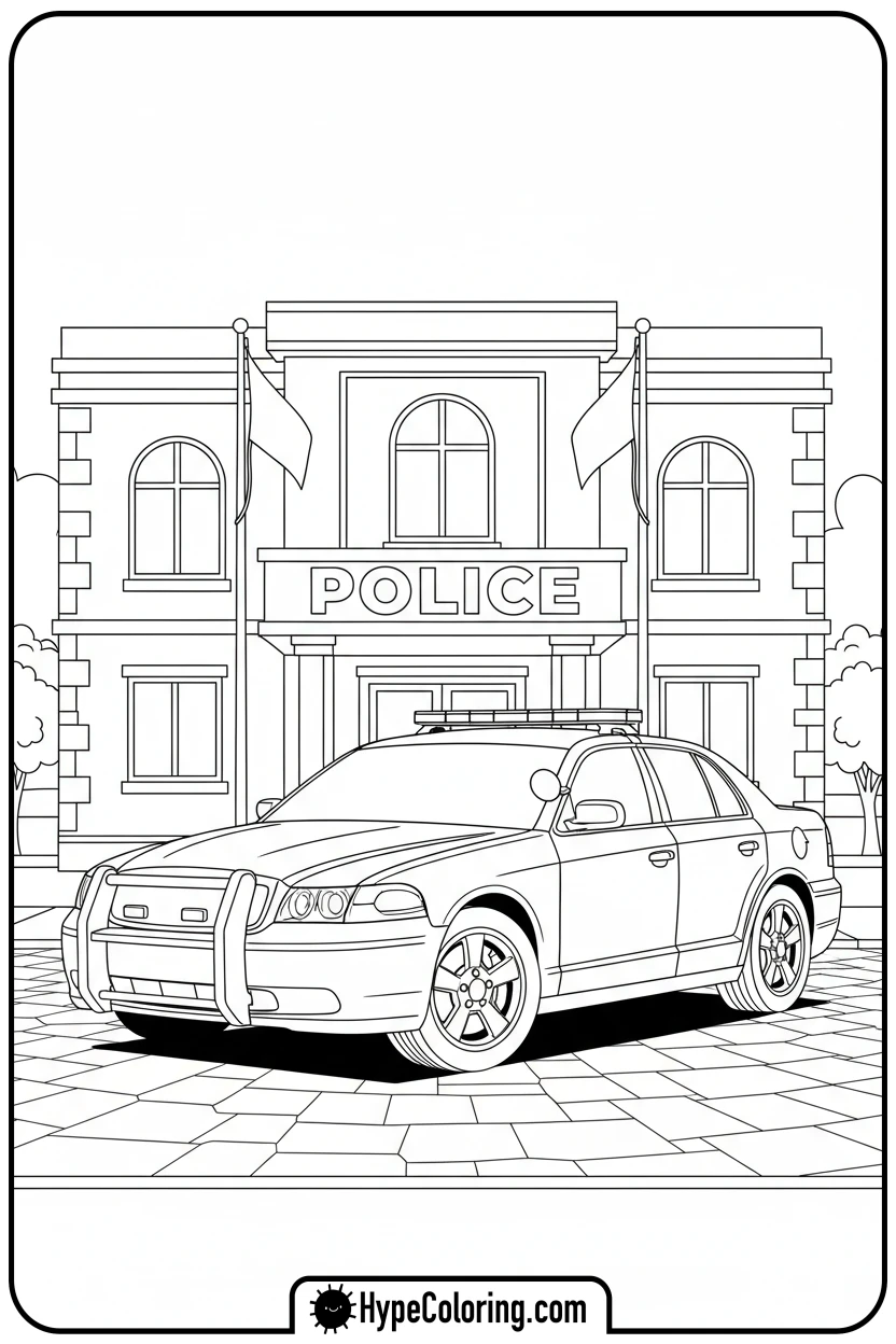 Click to download PDF police-car-at-station - police car coloring page