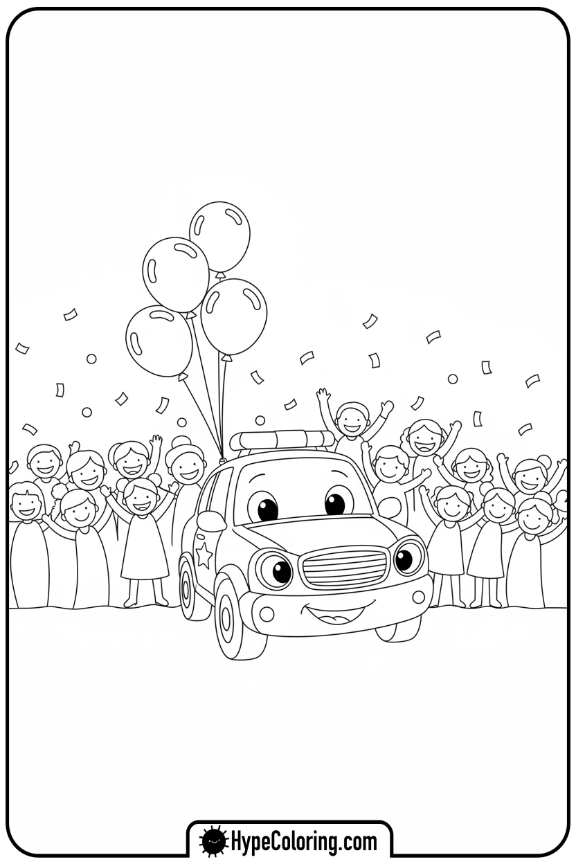 Click to download PDF police-car-leading-parade - police car coloring page