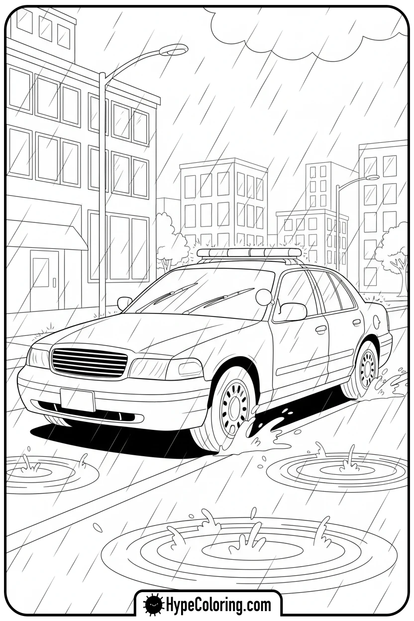 Click to download PDF police-car-on-rainy-patrol - police car coloring page