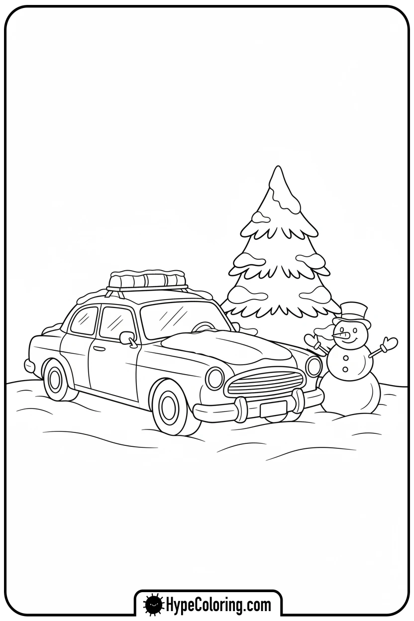 Click to download PDF police-car-in-snowy-scene - police car coloring page