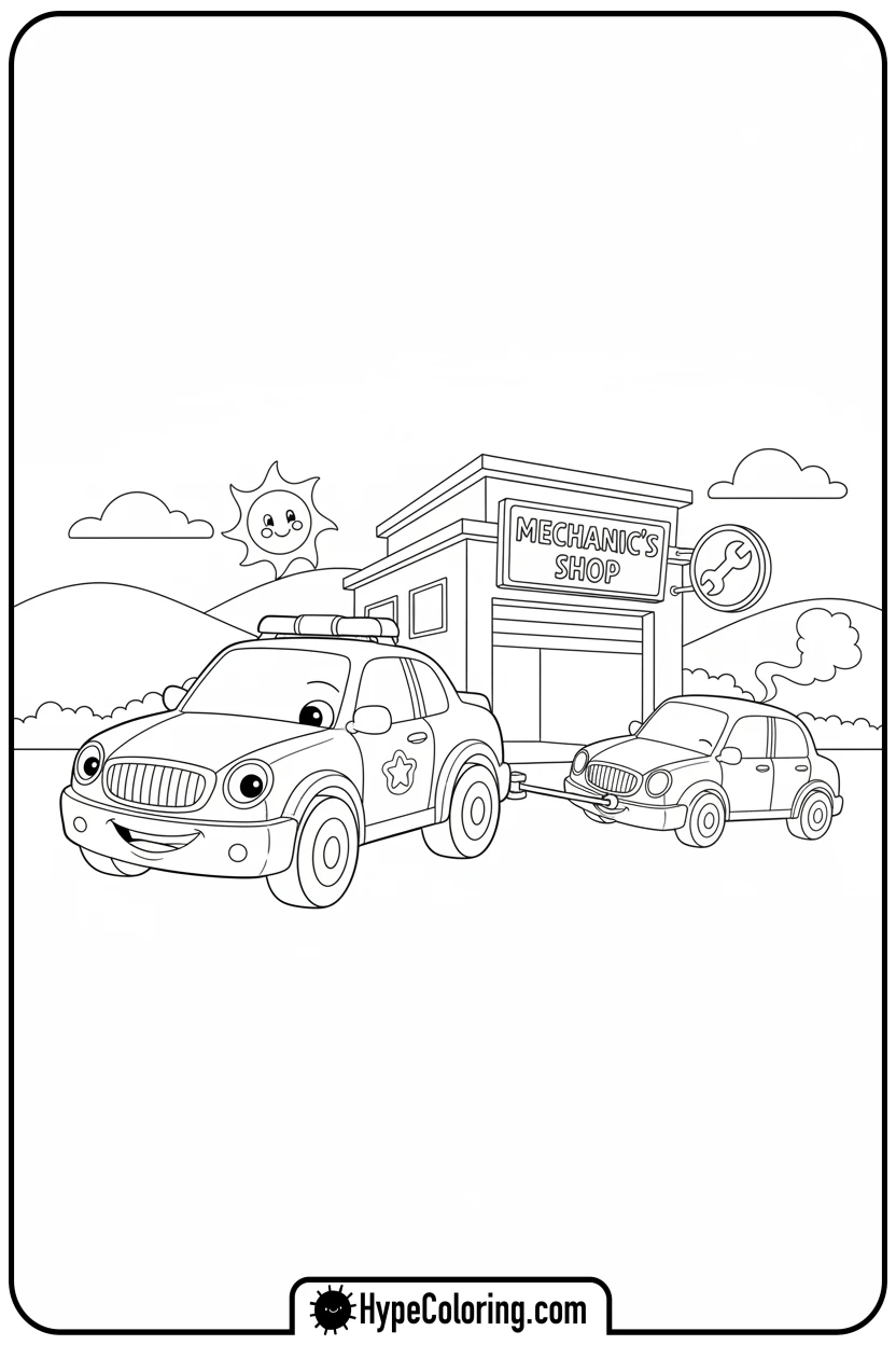 Click to download PDF police-car-helping-broken-car - police car coloring page