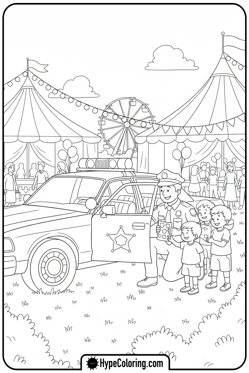 Click to download PDF police-car-at-community-fair - police car coloring page