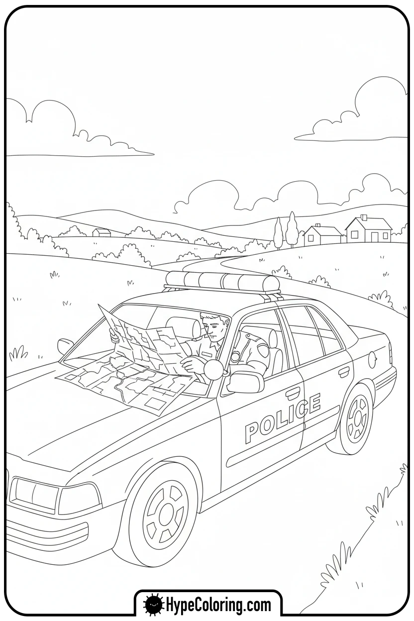 Click to download PDF police-car-with-officer-checking-map - police car coloring page