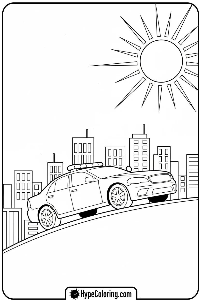Click to download PDF police-car-overlooking-city - police car coloring page