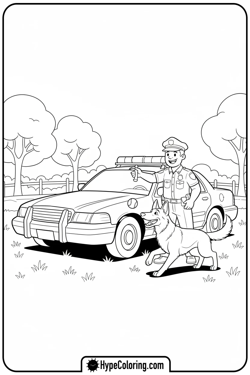 Click to download PDF police-car-with-police-dog - police car coloring page