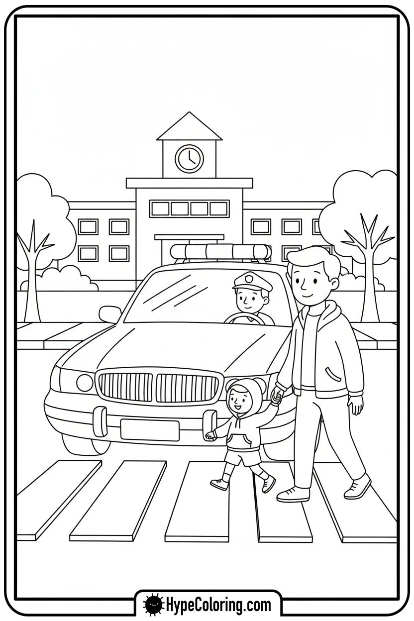 Click to download PDF police-car-helping-family-cross - police car coloring page