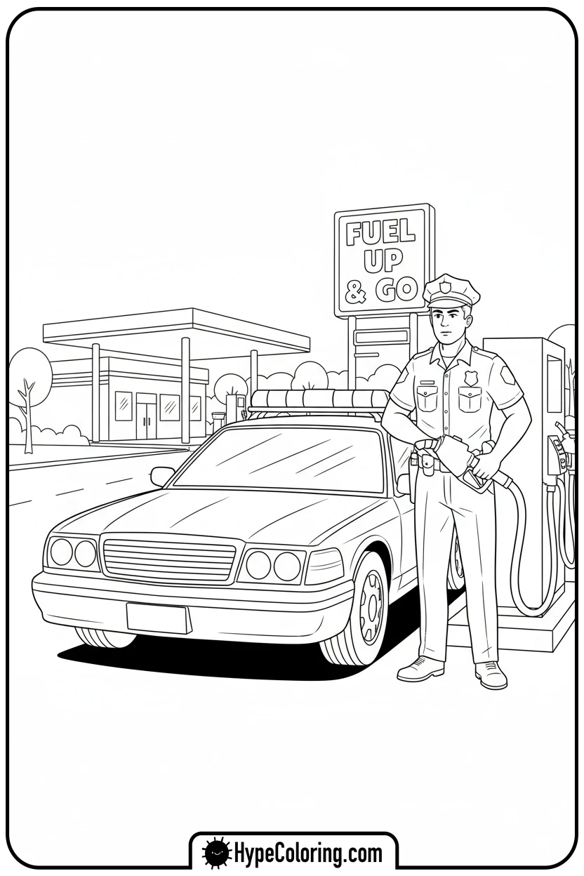 Click to download PDF police-car-refueling - police car coloring page