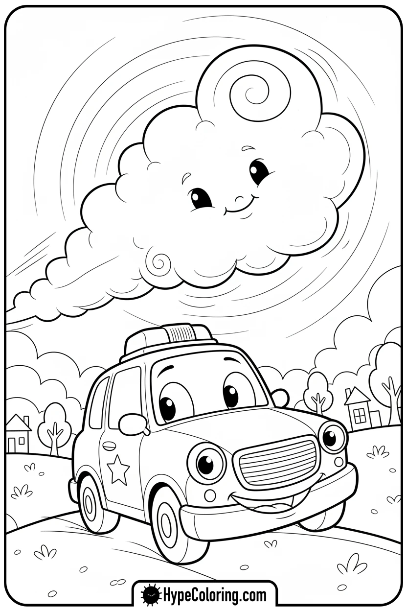 Click to download PDF police-car-chasing-cloud - police car coloring page