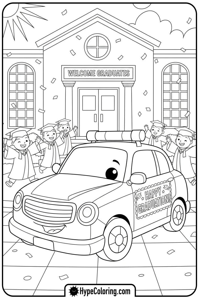Click to download PDF police-car-on-graduation-day - police car coloring page