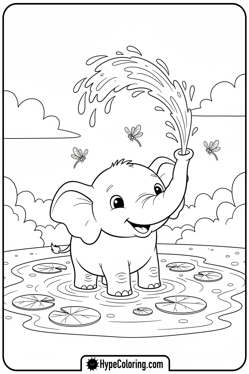 elephant-calf-splashing-in-pond - coloring book pages of elephants