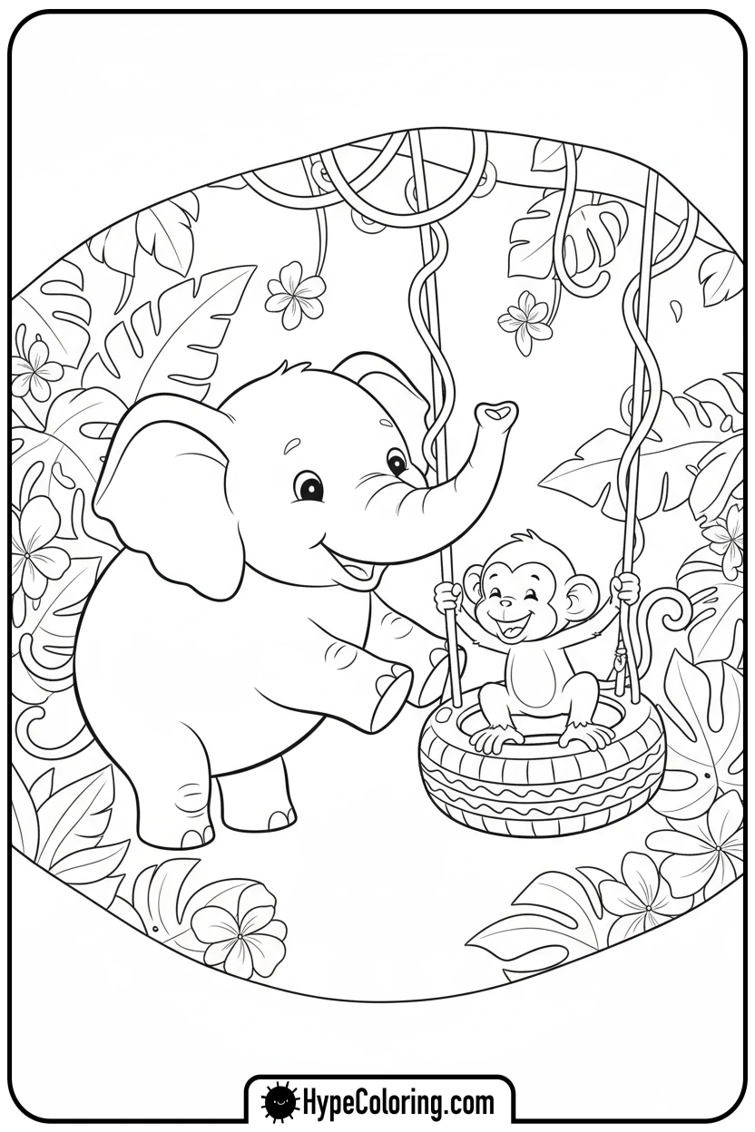 elephant-pushing-monkey-on-swing - coloring book pages of elephants